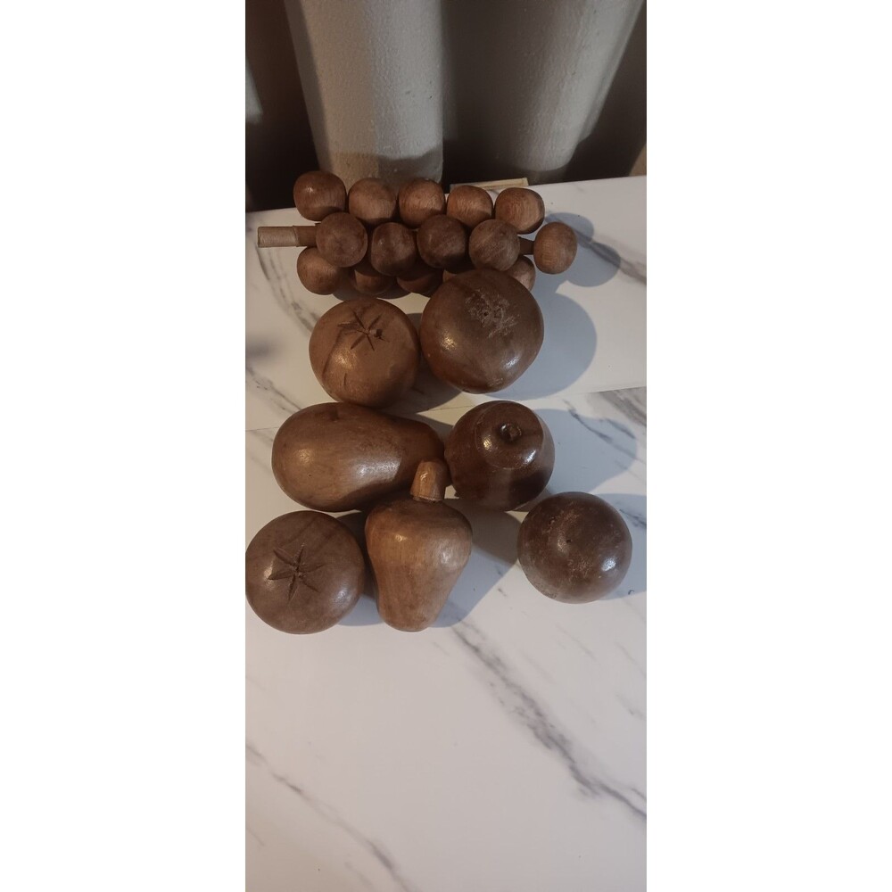 Vintage Retro MCM Wooden Fruit Lot Hand Carved Retro Brown 8 Pieces Wood